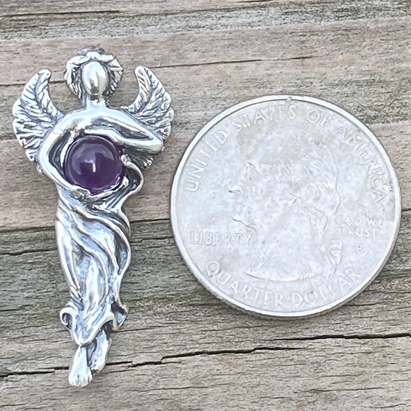 Dream Angel Pendant solid .925 Sterling Silver w/ genuine Amethyst made in USA - Picture 8 of 12